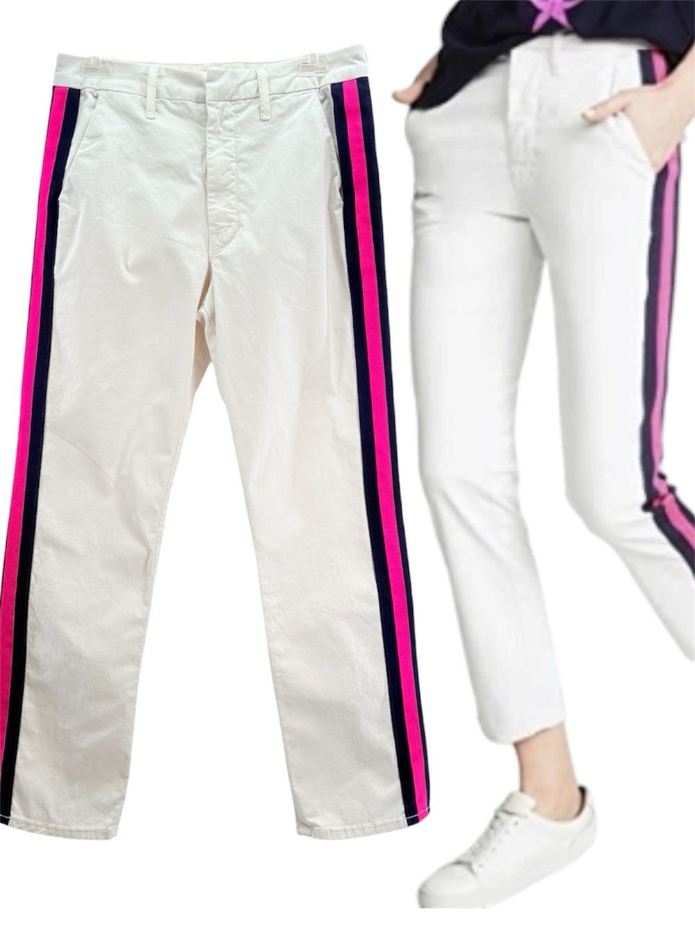 Mother The Straight Shaker Ankle Prep White Side-Stripe Pink Navy Pants Size 28